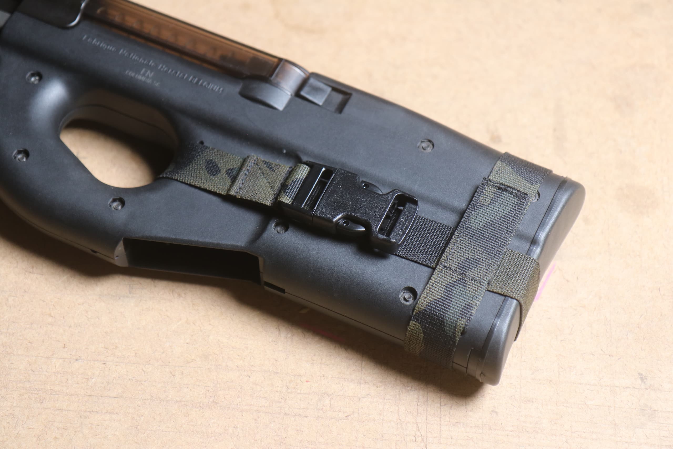 Tactical Gear Lines P90 Multicam Black Harness attached to a PS90.